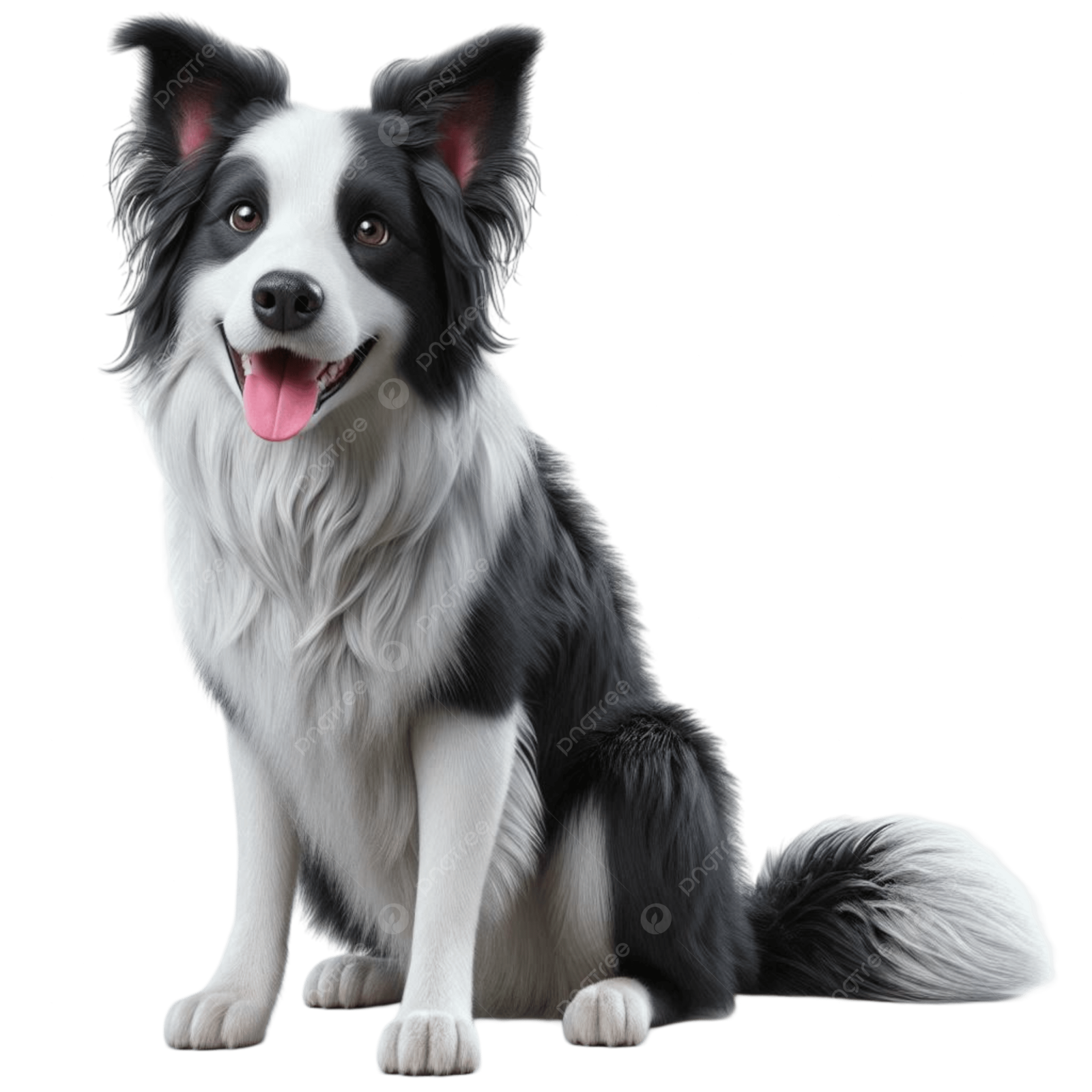 a black and white dog sitting down with its tongue out