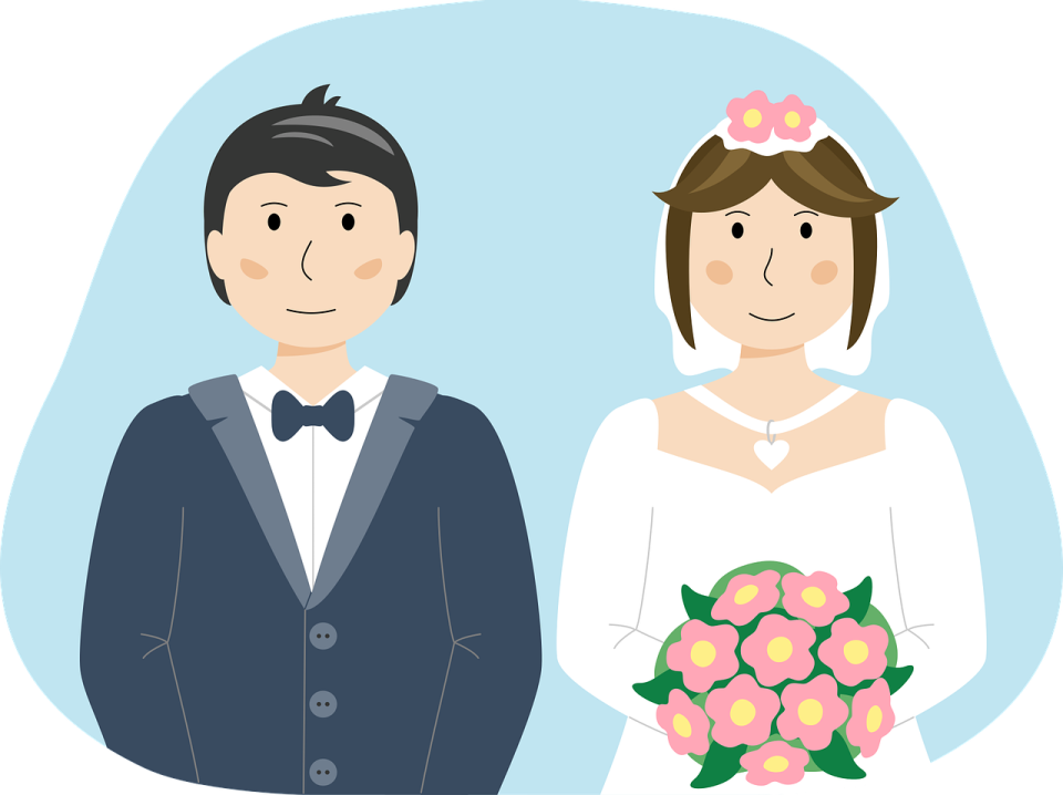 a bride and groom with flowers in their hands