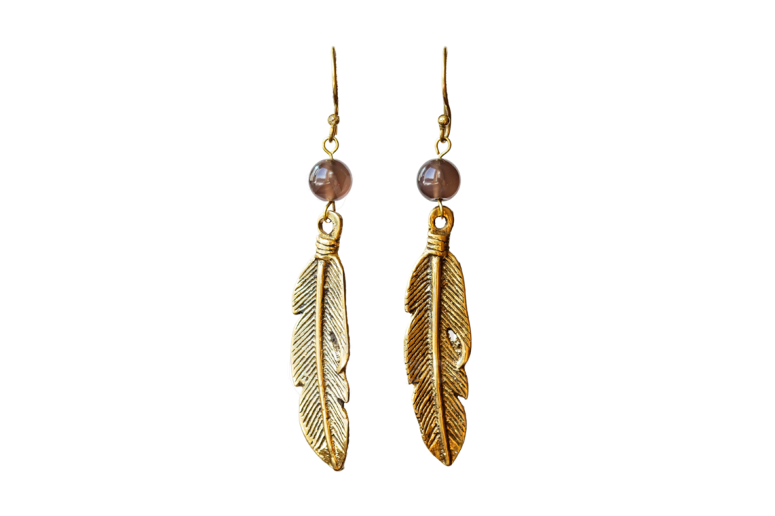 a pair of earrings with feathers and beads