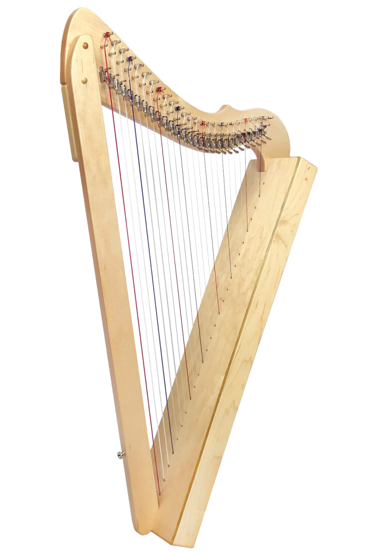 a wooden harp with strings and strings