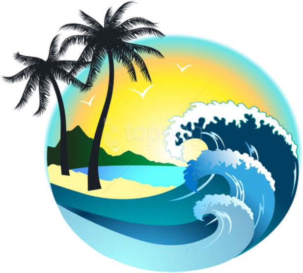 a tropical beach with palm trees and waves