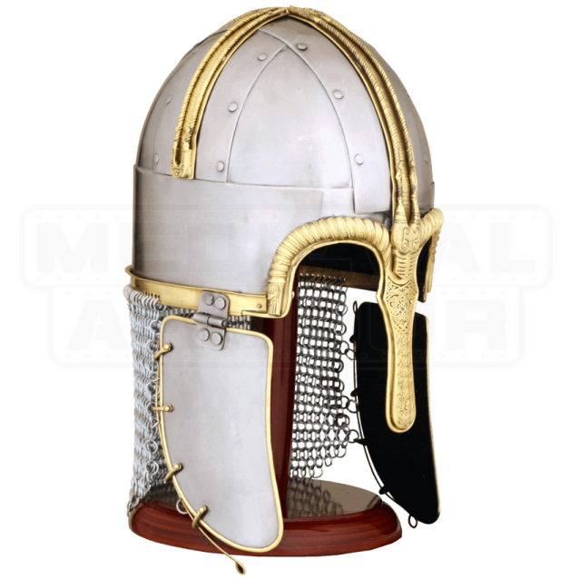 a silver and gold helmet on a white background