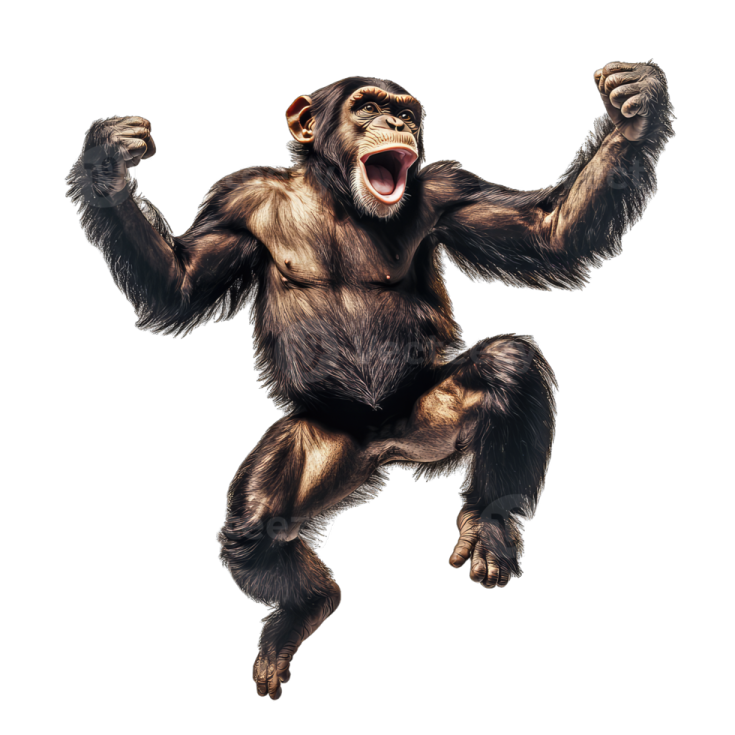 a chimpan standing up with its arms in the air