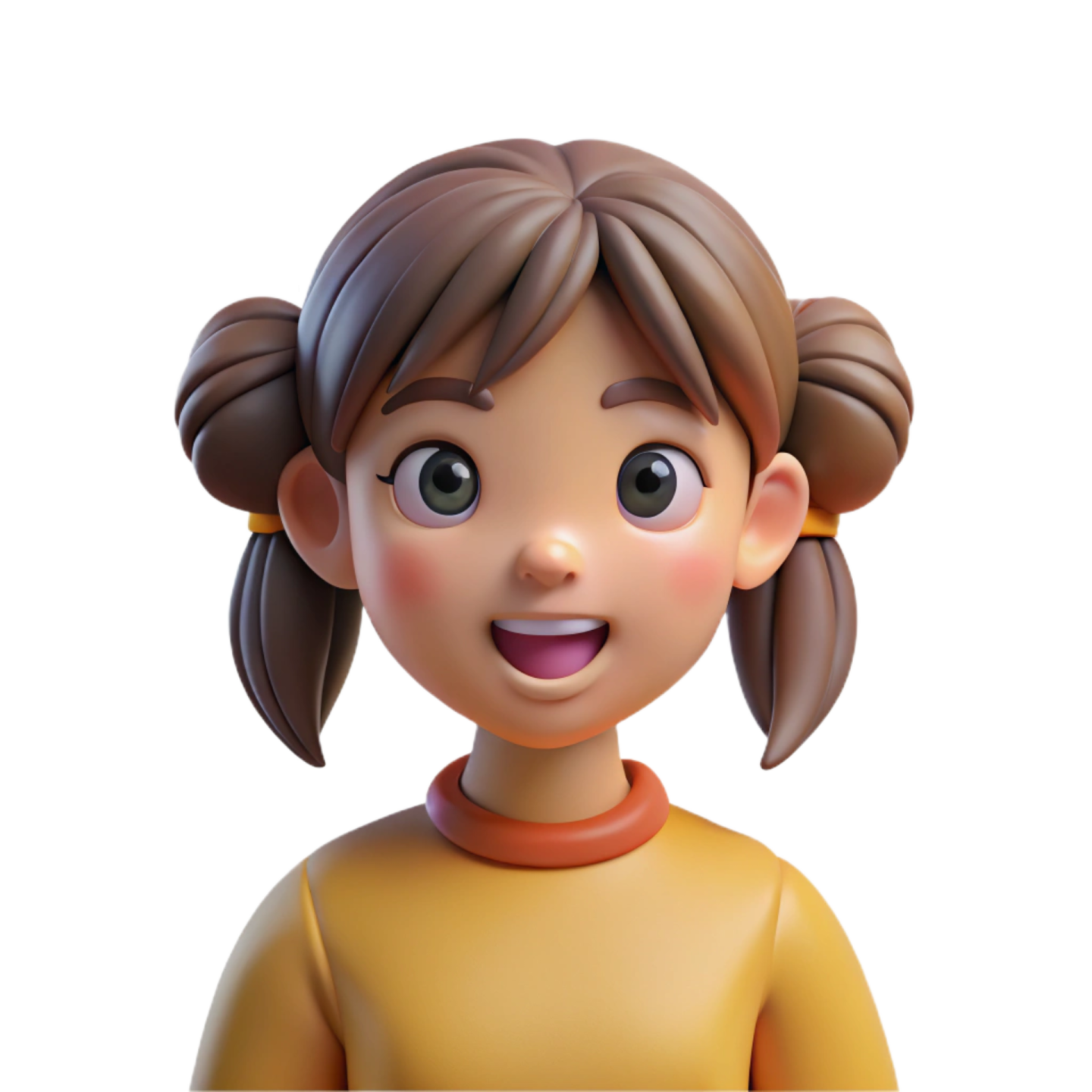 a little girl with brown hair and a yellow shirt