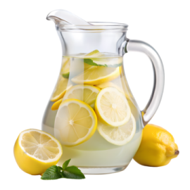 a pitcher filled with lemons and lemon slices