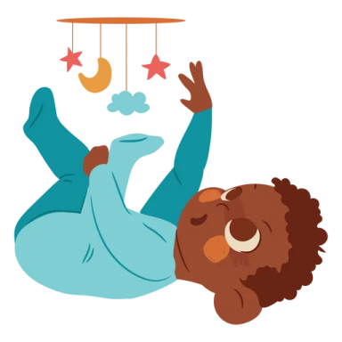 an illustration of a baby boy playing with a mobile