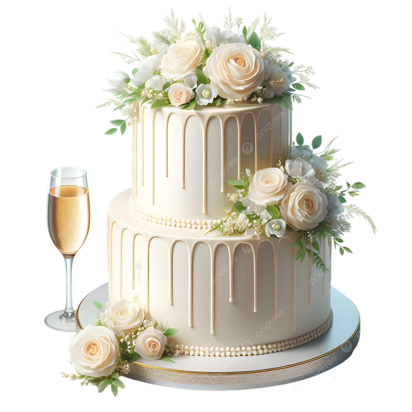 a white wedding cake with flowers and champagne stock photo