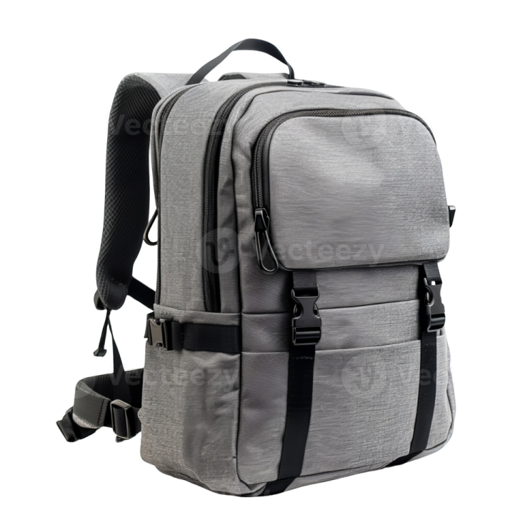 a grey backpack on a white background