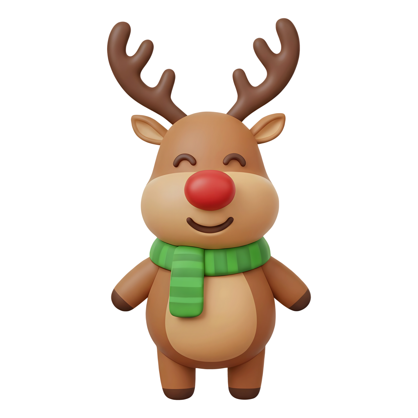 a reindeer with a green scarf and red nose