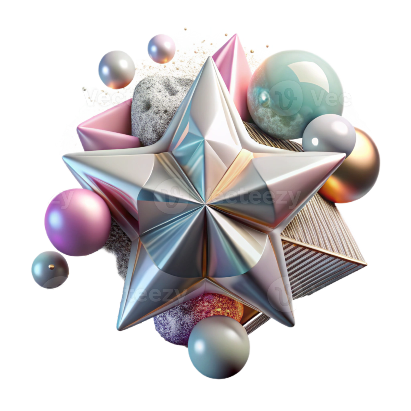 a silver star surrounded by many different colored balls