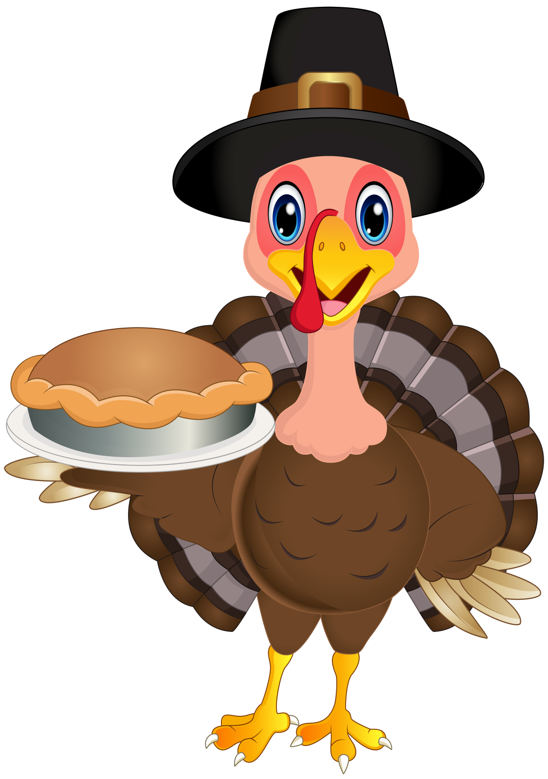 a turkey wearing a pilgrim hat and holding a pie