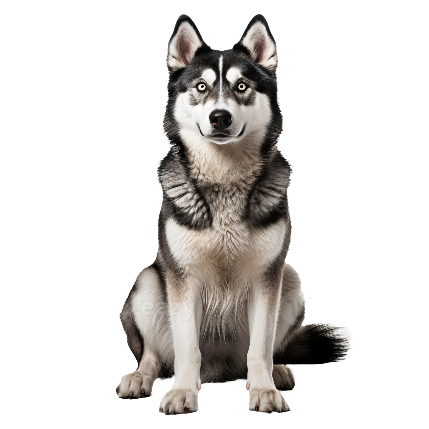 a black and white husky dog sitting on a white background