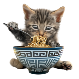 a kitten eating from a bowl of noodles