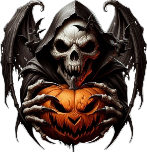 a skull with a pumpkin in its mouth