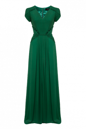 a green dress with an open back and pleaed shoulders
