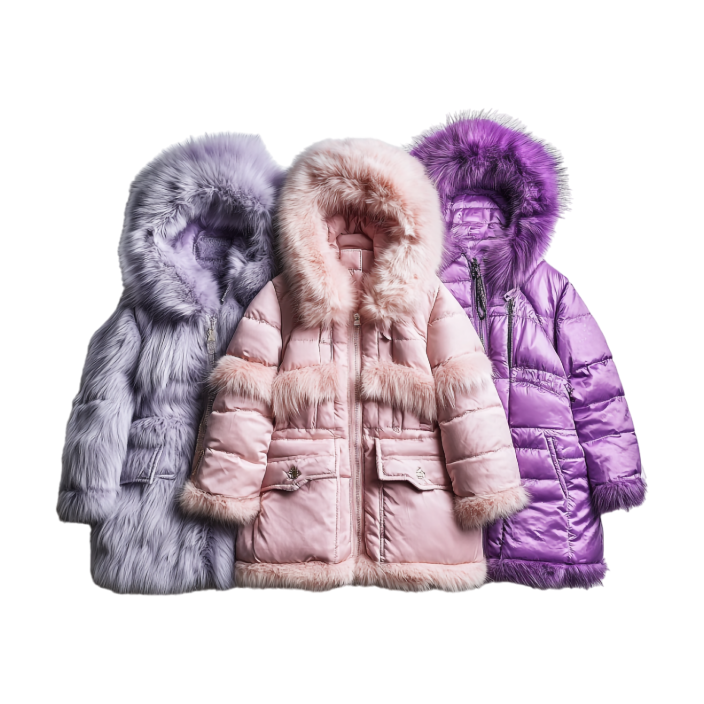 three coats in different colors and sizes