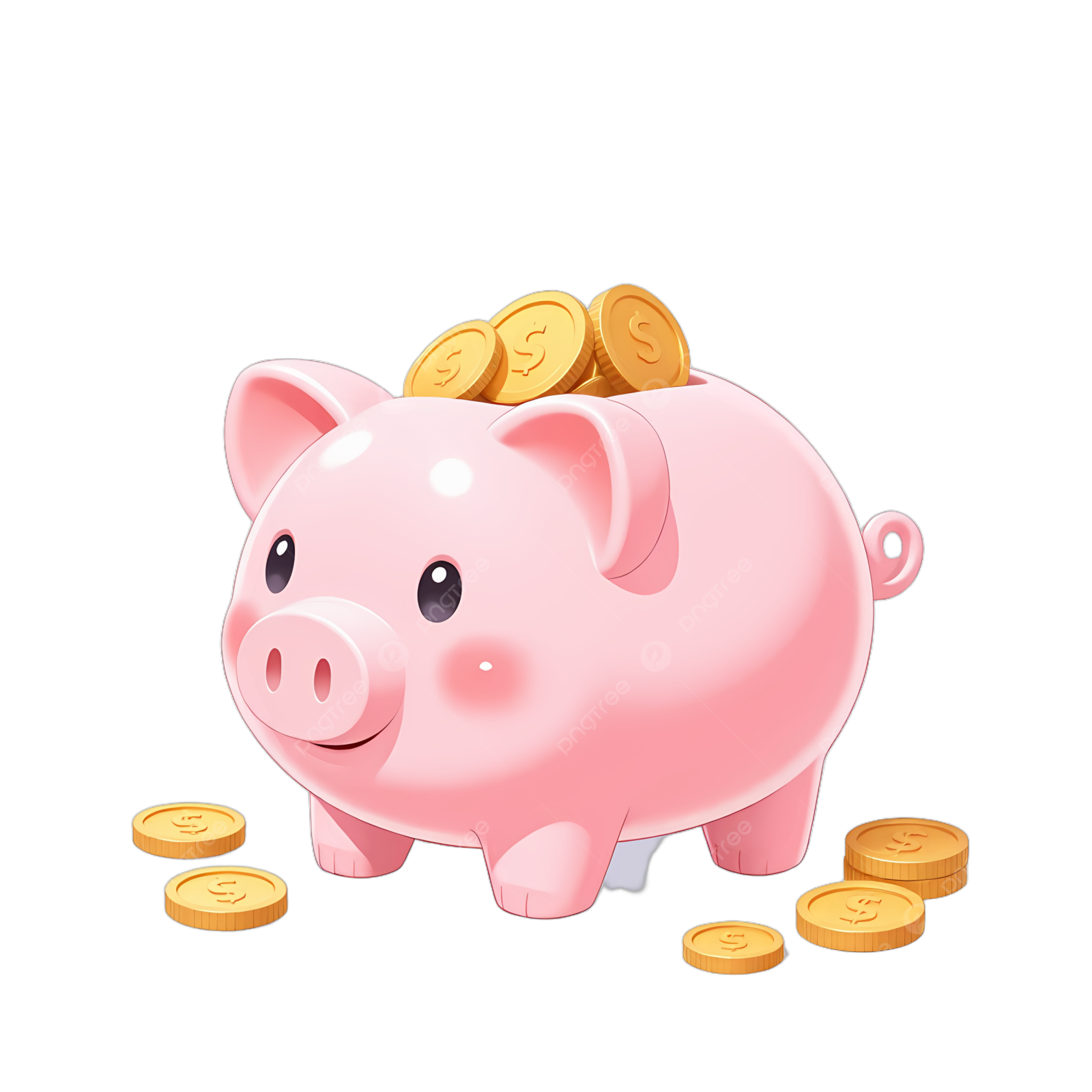 a pink pig with gold coins