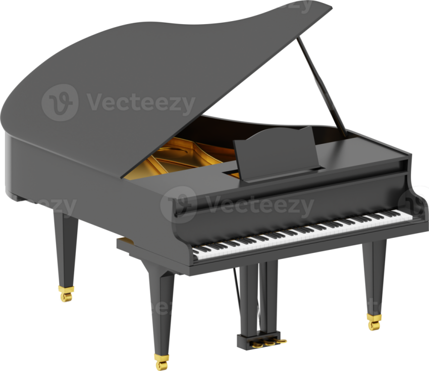 a black grand piano on a white background