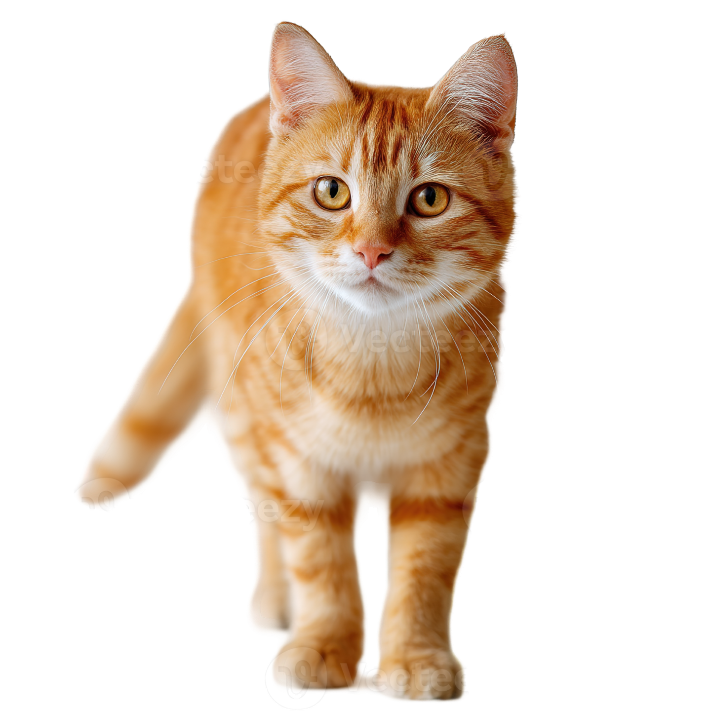 an orange and white cat walking on a white background