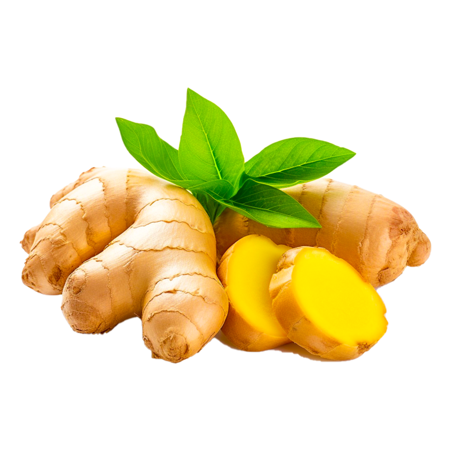 a bunch of ginger root with a green leaf