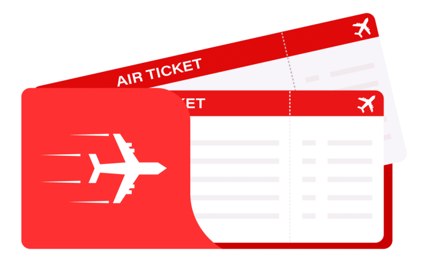 a red ticket with an airplane ticket on it