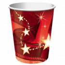 a red paper cup with gold stars on it