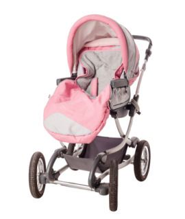 the baby stroller is pink and grey