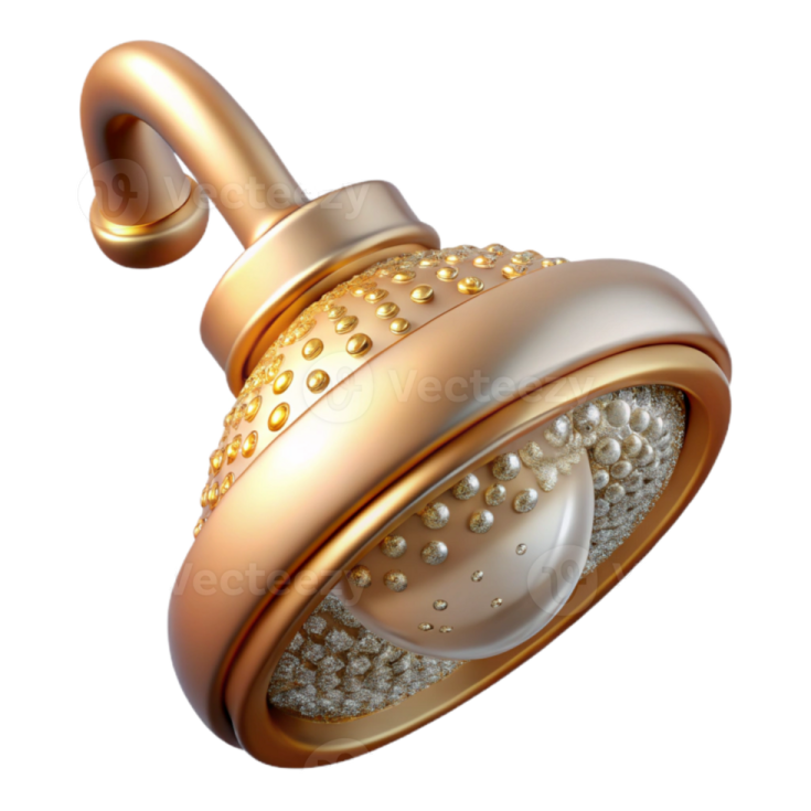 a gold shower head with pearls on it