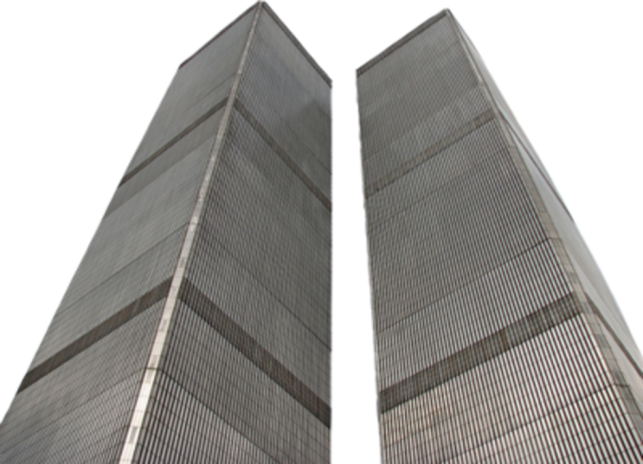 two tall buildings with a white sky background