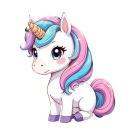 a cartoon unicorn with a pink mane and blue eyes
