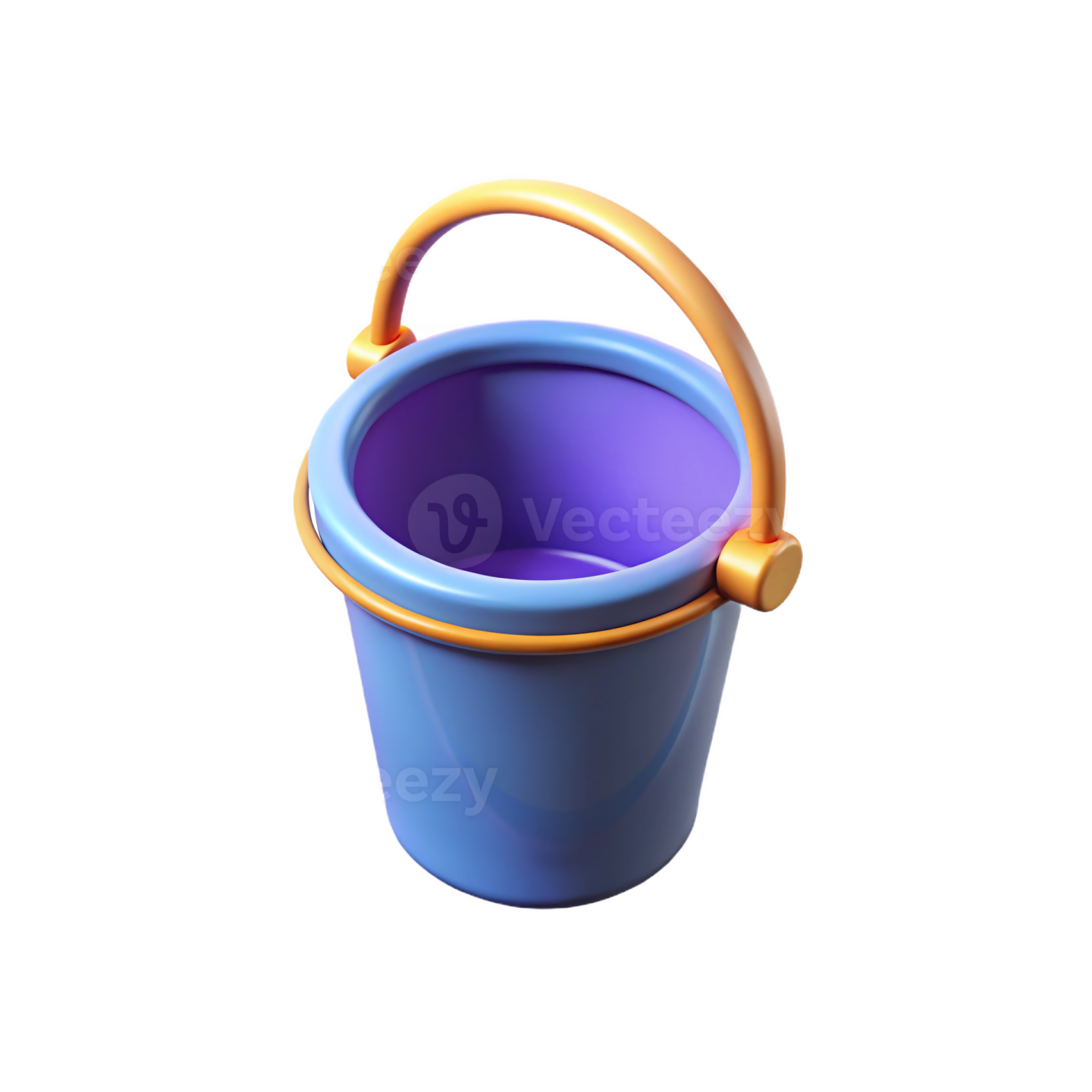 a blue bucket with a gold handle