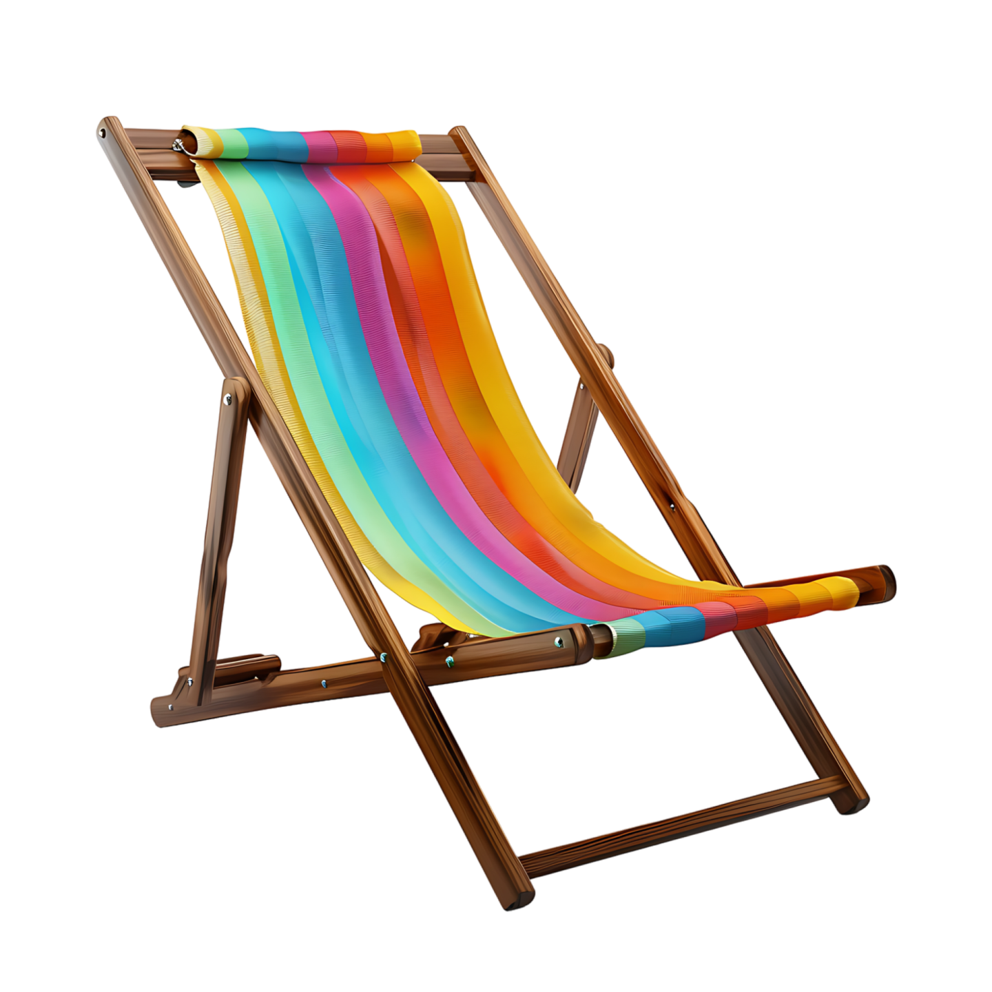 a wooden deck chair with a rainbow colored stripe