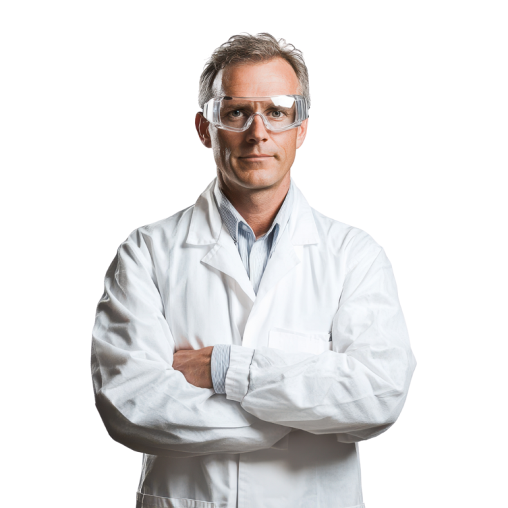a man wearing a white lab coat and goggles