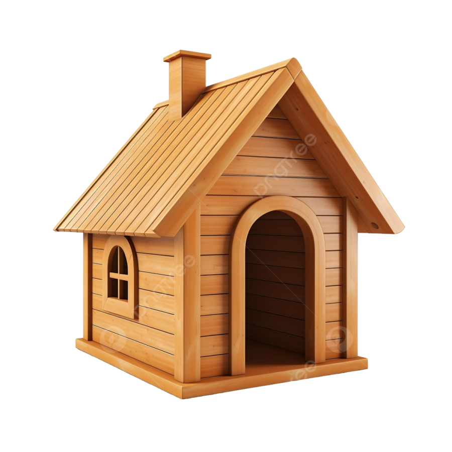 a wooden dog house on a white background