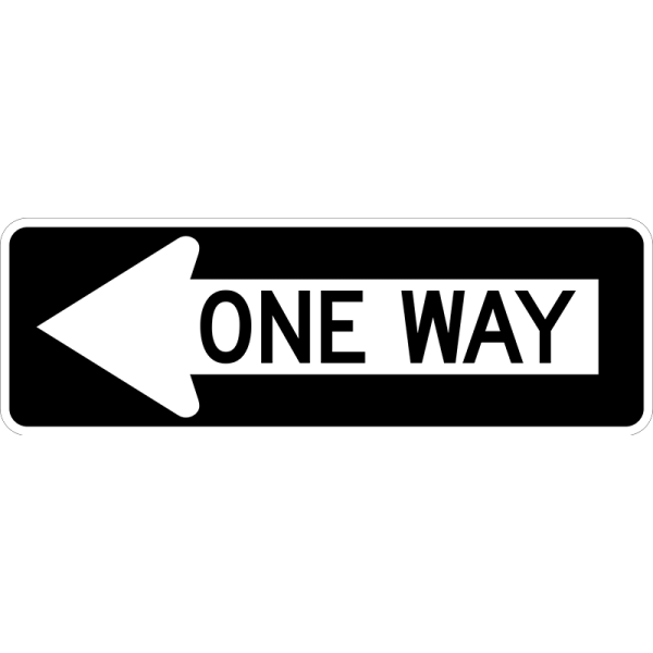 a one way sign with an arrow pointing left