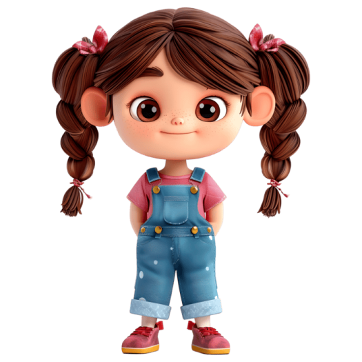 a little girl with brown hair and blue overalls, standing in front of a white background