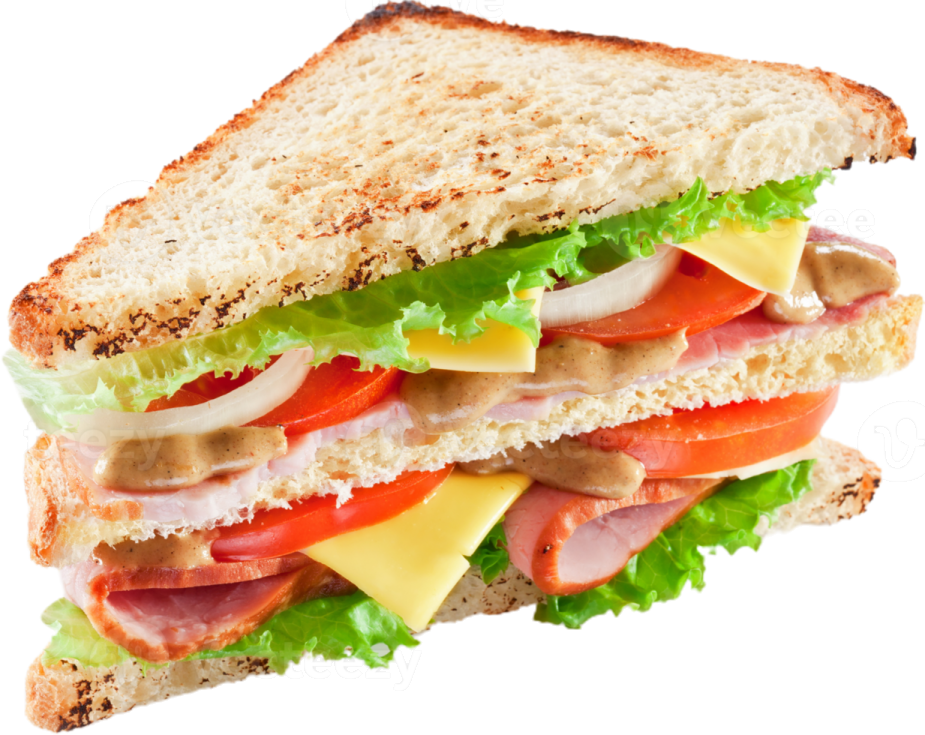 a sandwich cut in half on a white background