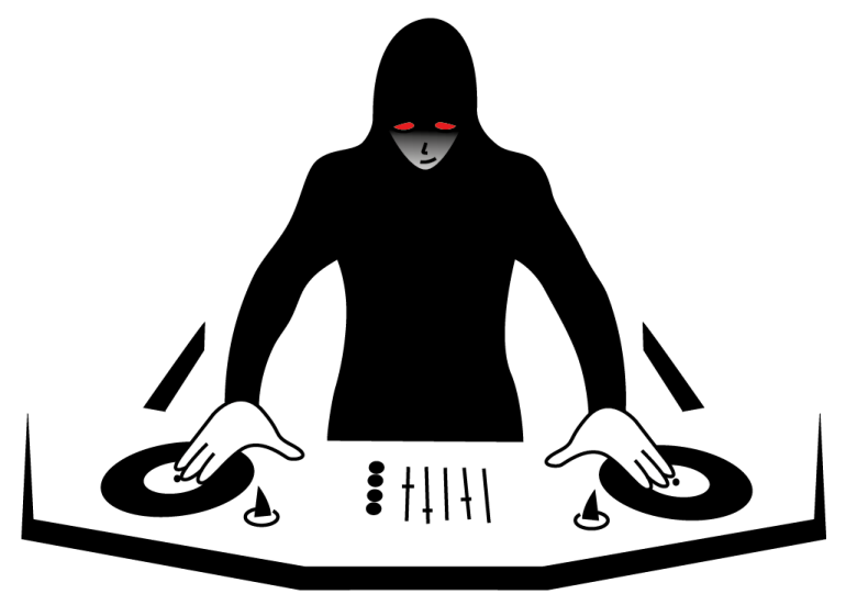 a silhouette of a dj in black and white