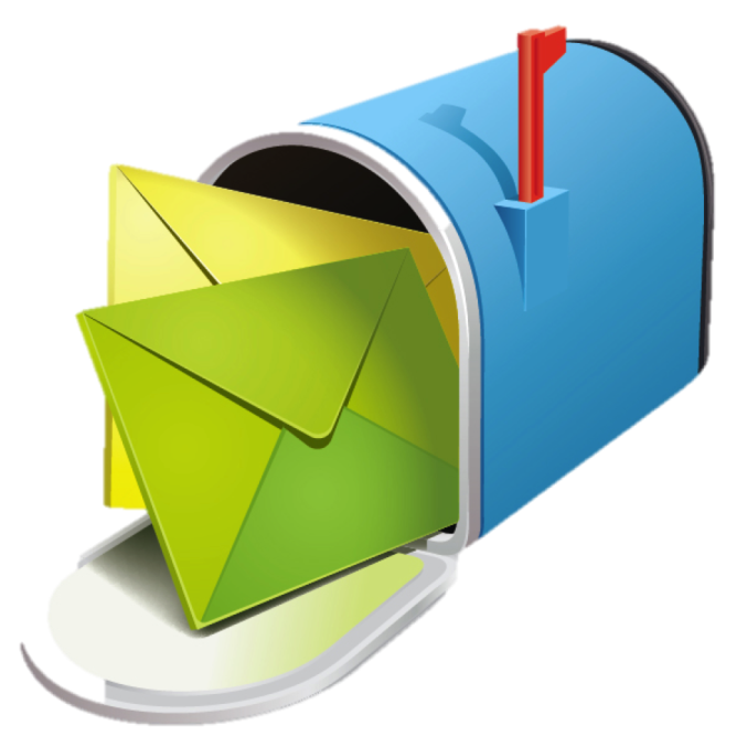 a blue mailbox with a green envelope