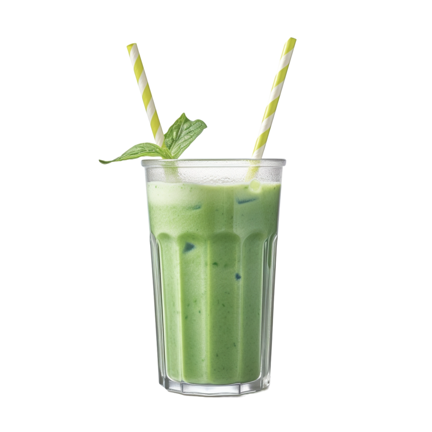 a green smoothie in a glass with two straws