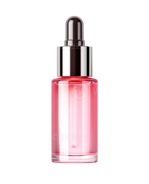 a bottle of pink liquid on a white background