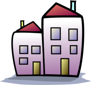 a drawing of two buildings on a white background