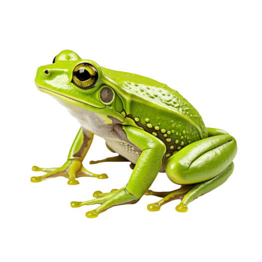 a green frog sitting on top of a white surface