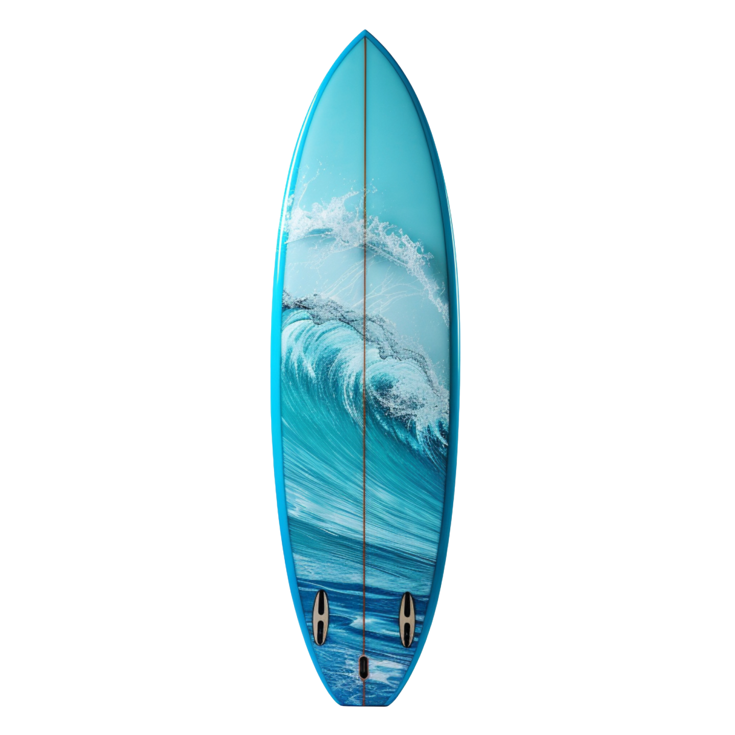 a surfboard with a large wave in the background