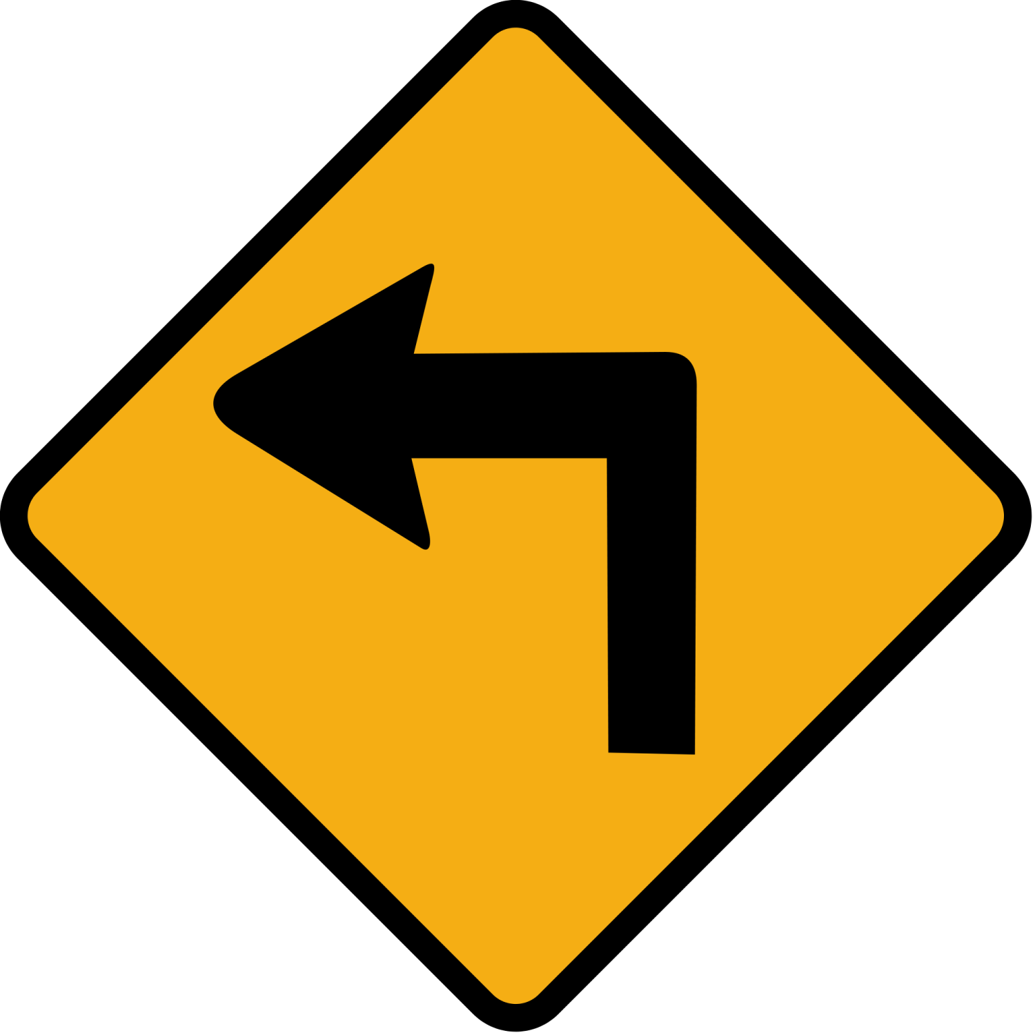 a yellow road sign with an arrow pointing left