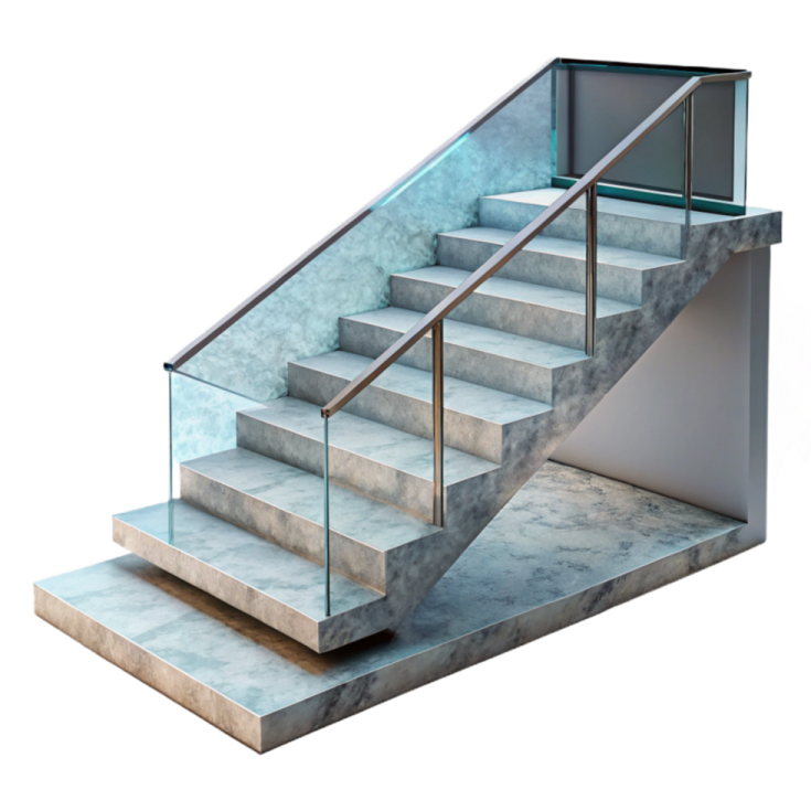 a set of stairs with glass railings