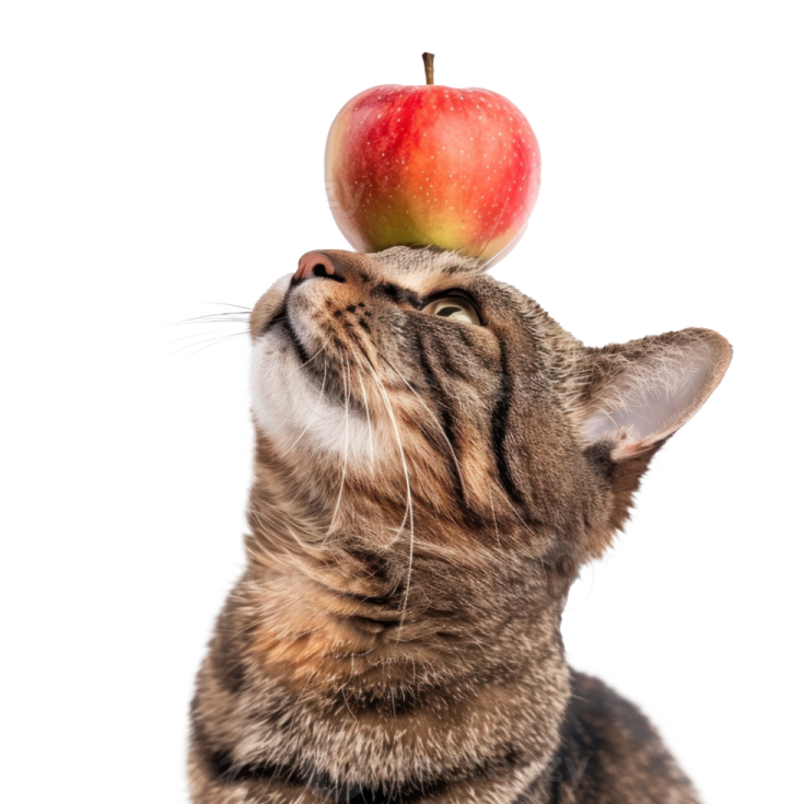a cat with an apple on its head