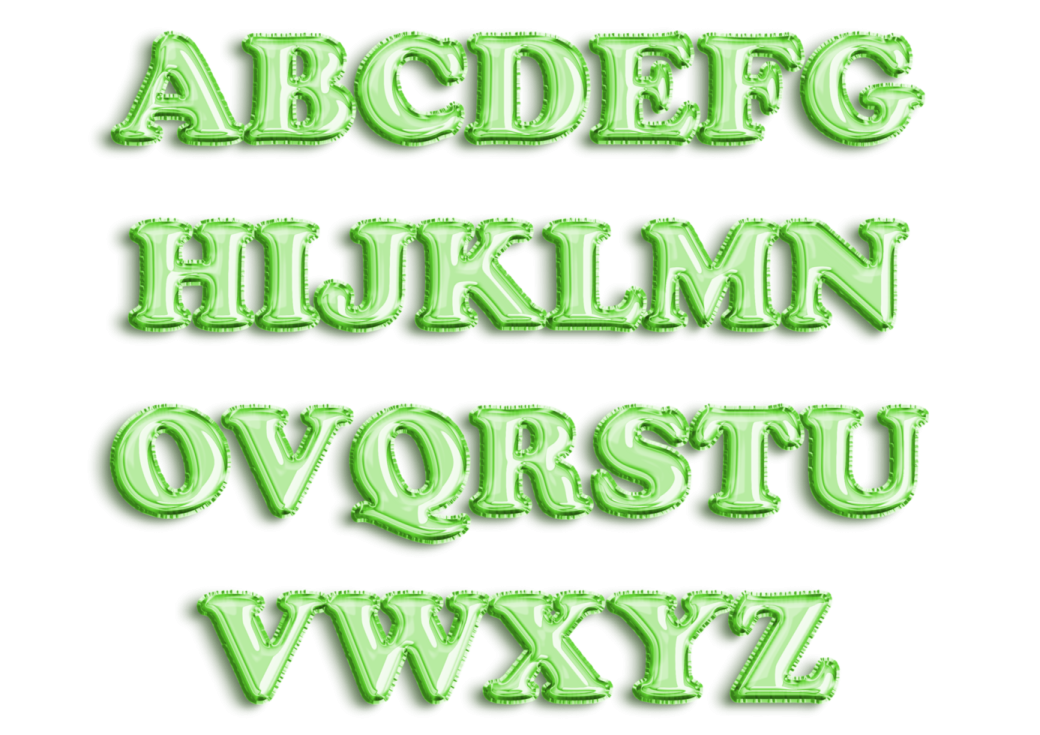 a set of alphabets with green letters