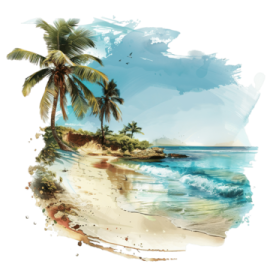 a watercolor painting of a beach with palm trees