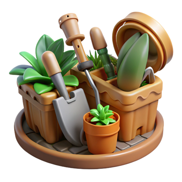 a small planter with gardening tools in it